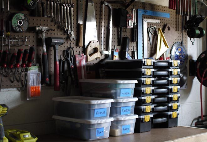 clean workshop workbench and peg board