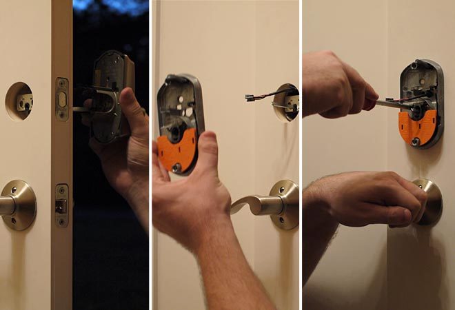 inserting front and back deadbolt components and securing in the door